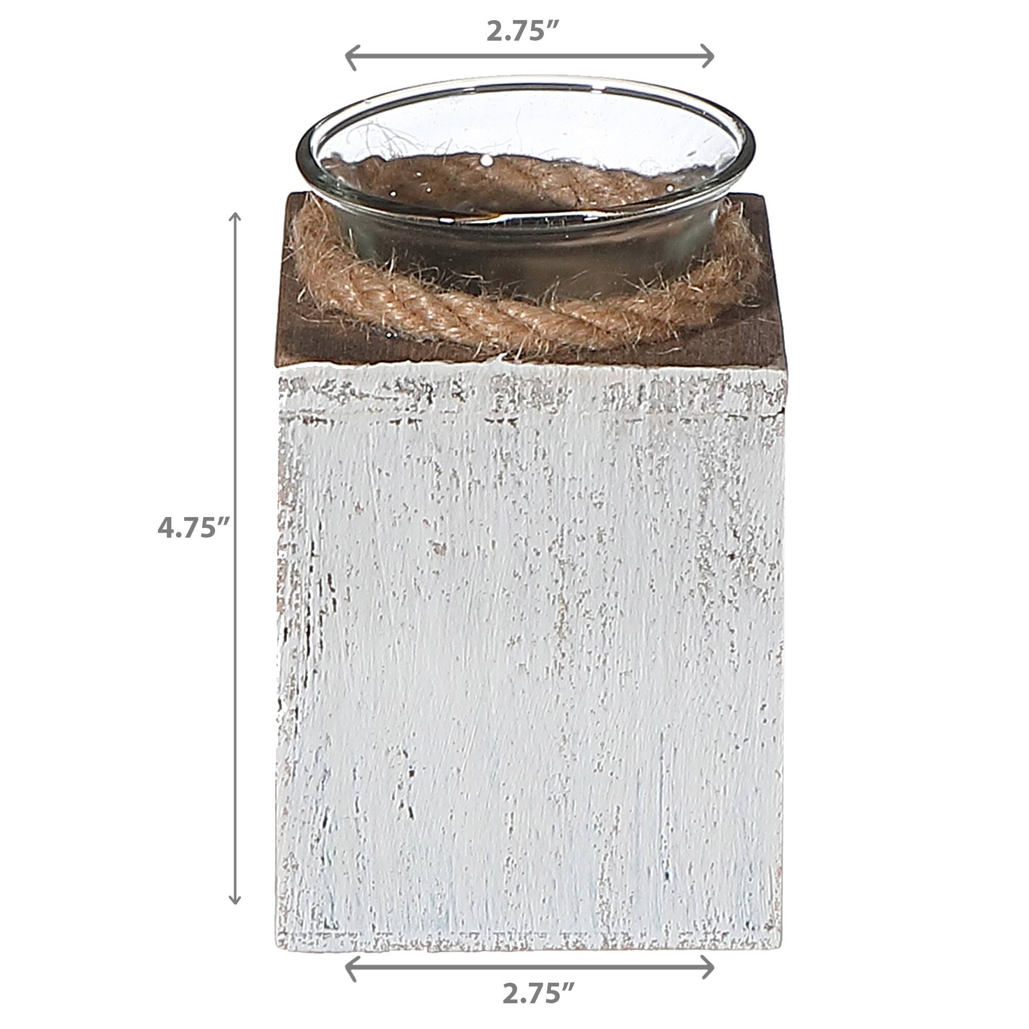 IH Casa Decor White Wooden Tealight Candle Holder With Rope 4.75" Bed